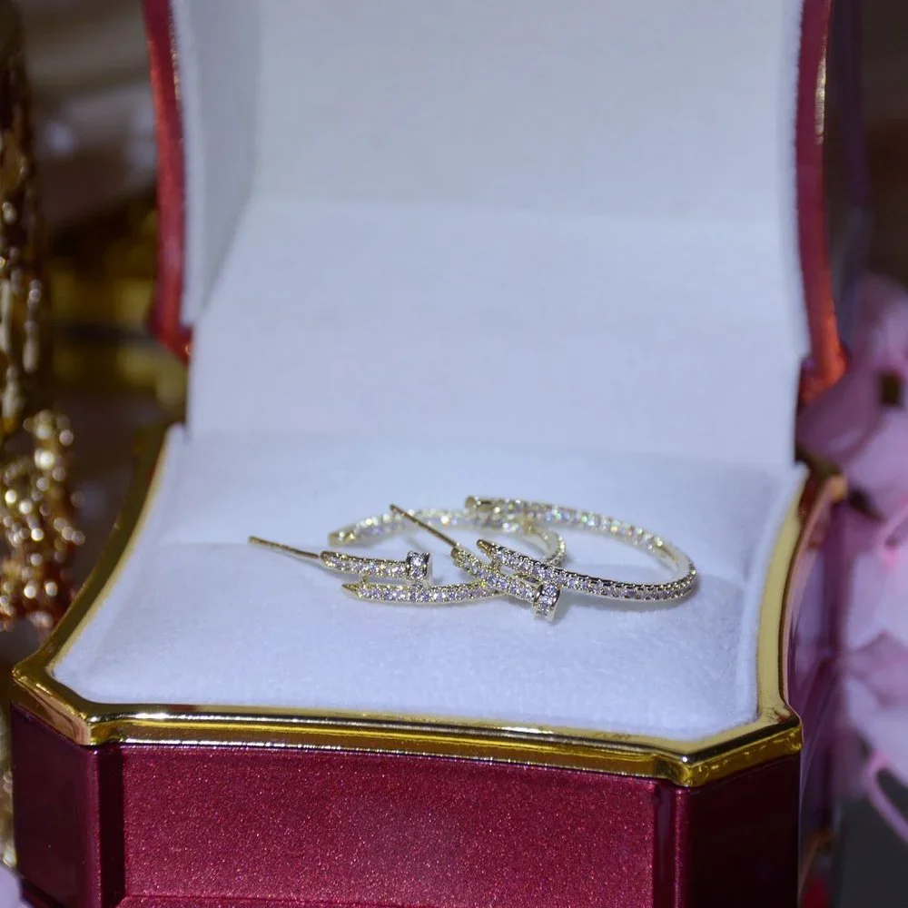 NEW 14K Gold Plated Round Diamond Nail Hoop Earrings - Picture 9 of 11